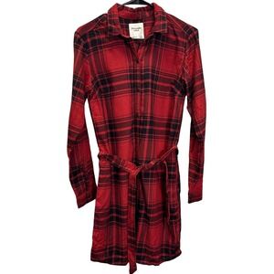 Abercrombie Fitch Red Black Plaid Flannel Shirt Dress Belted Size Small Tall ST